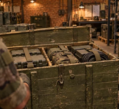 Caisses militaires ouvertes contenant du matériel de soutien sanglé dans une zone de stockage, avec rayonnages et autres caisses en arrière-plan.