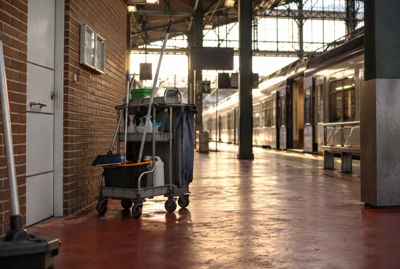 Un chariot de nettoyage avec seau, balai et serpillière dans une zone de circulation de gare, devant un train flou.