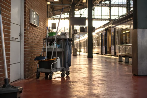 Un chariot de nettoyage avec seau, balai et serpillière dans une zone de circulation de gare, devant un train flou.