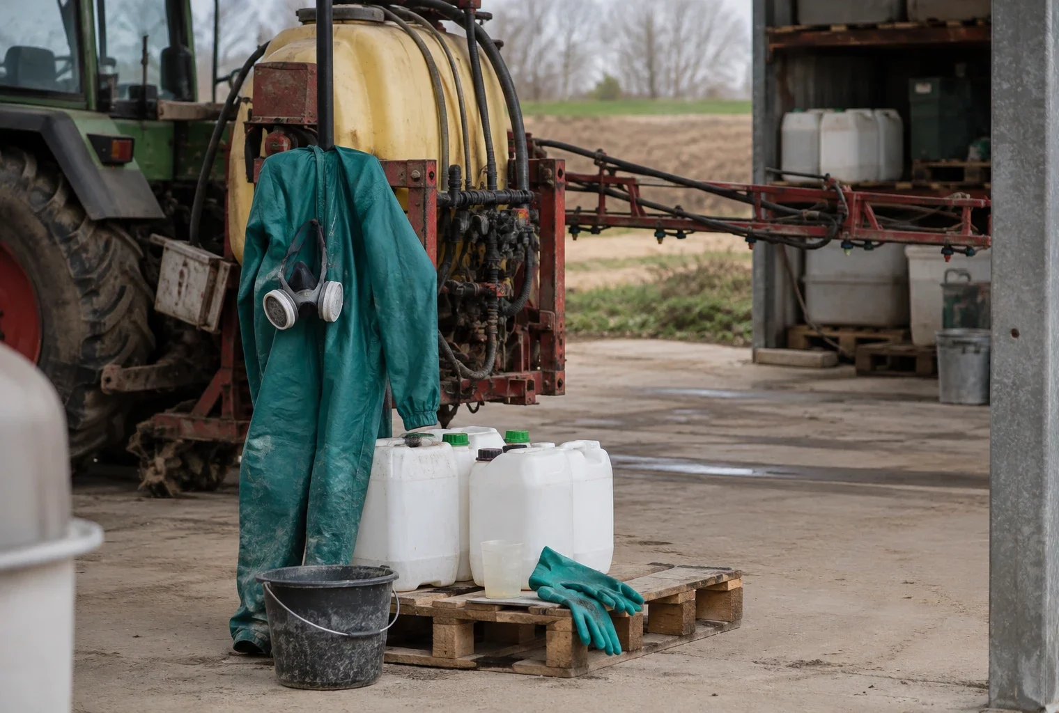 Pulvérisateur agricole, bidons sans étiquette et combinaison de protection dans un espace de stockage à la ferme.