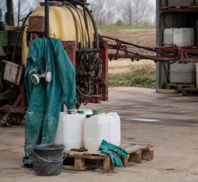 Pulvérisateur agricole, bidons sans étiquette et combinaison de protection dans un espace de stockage à la ferme.