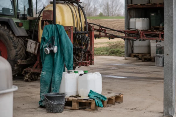 Pulvérisateur agricole, bidons sans étiquette et combinaison de protection dans un espace de stockage à la ferme.