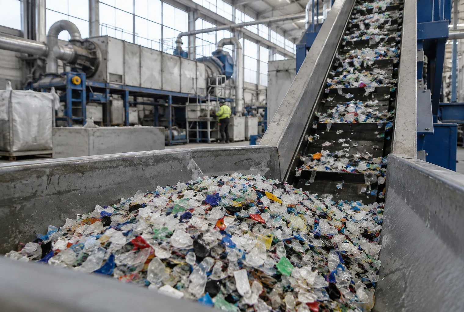 Des fragments de plastique trié avancent sur un convoyeur vers une trémie dans un atelier de recyclage industriel.