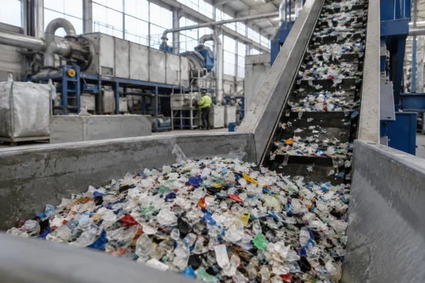 Des fragments de plastique trié avancent sur un convoyeur vers une trémie dans un atelier de recyclage industriel.