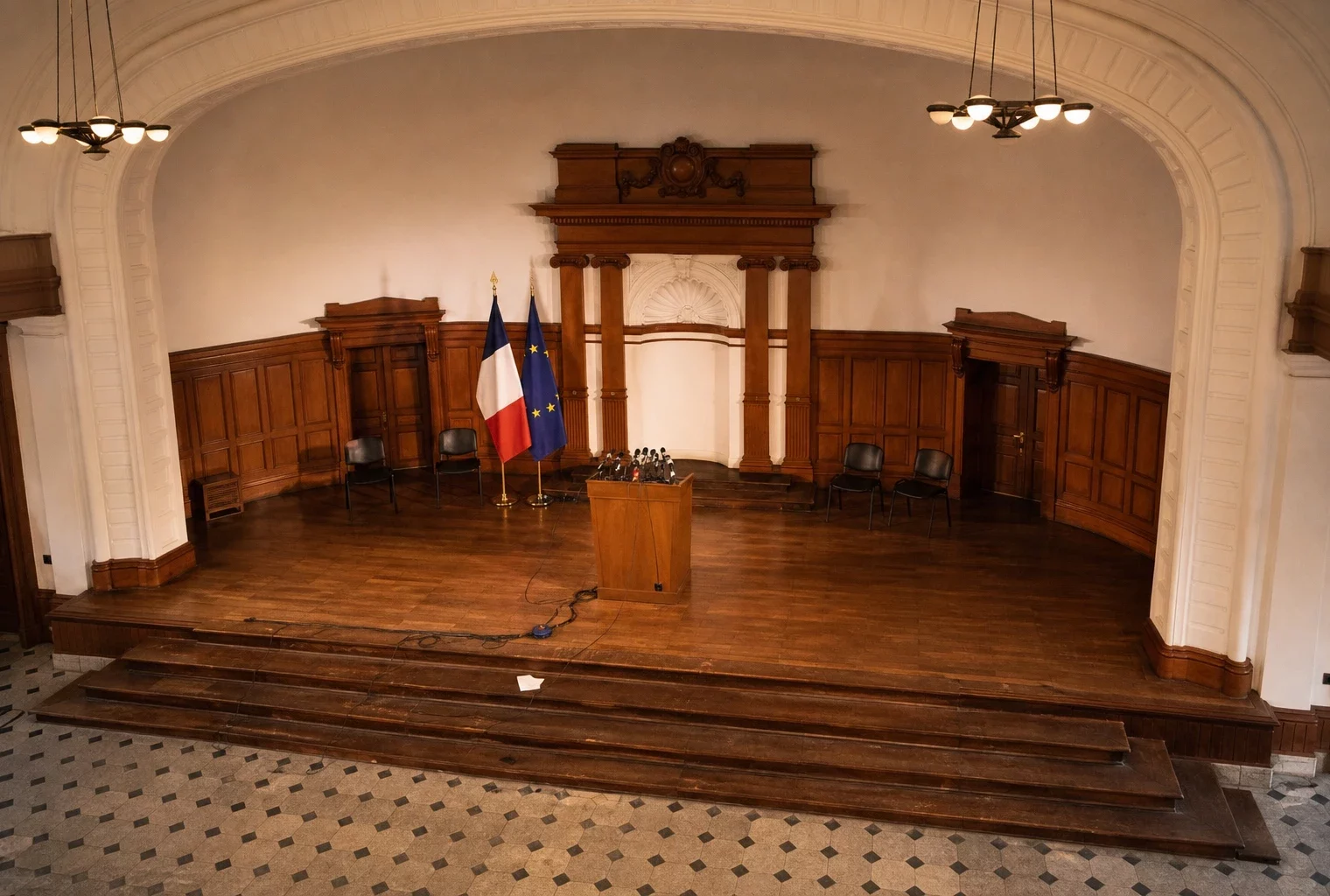 Salle officielle de Matignon vide, pupitre central et micros, quelques chaises au fond, ambiance de conférence sous lumière chaude.