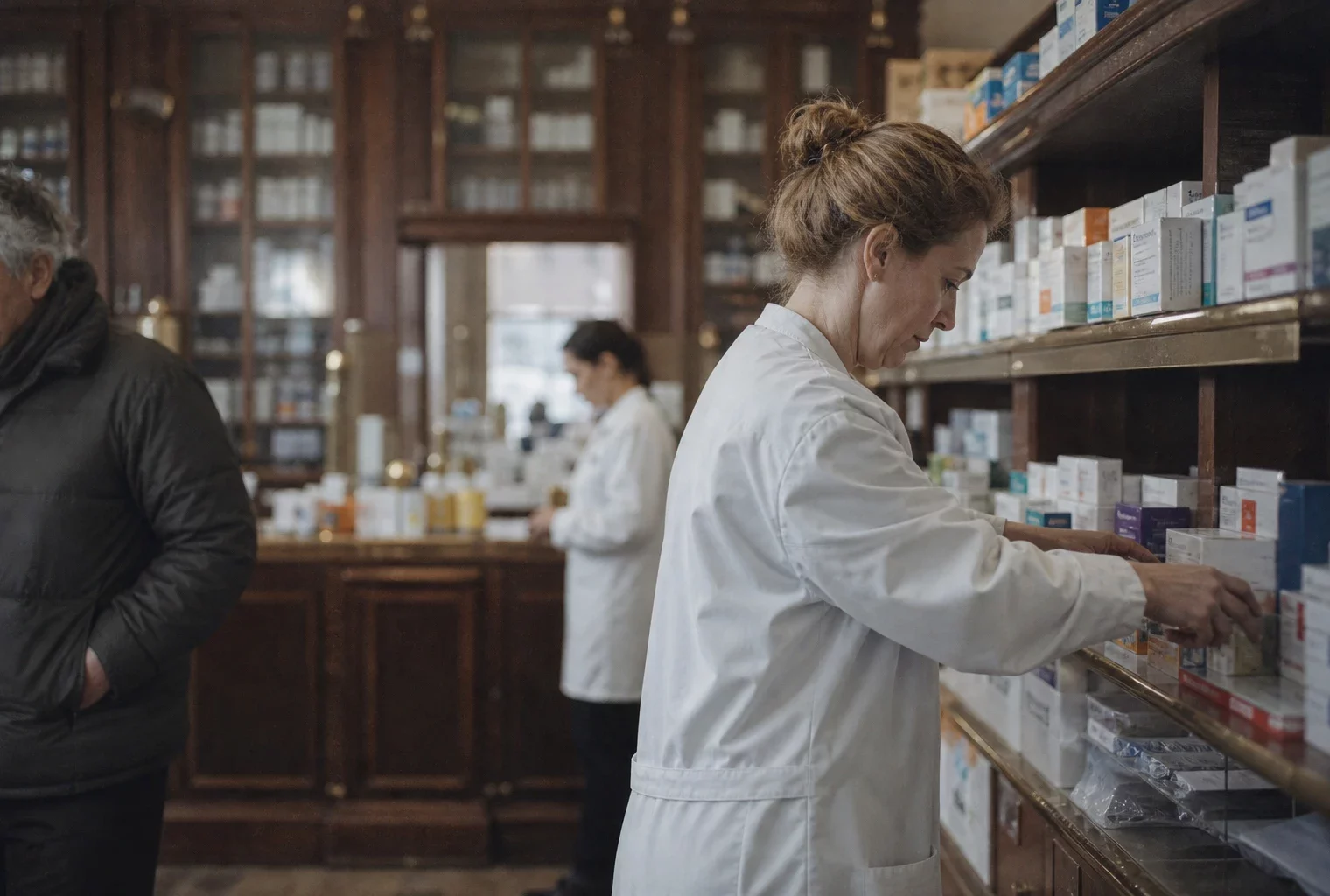 Pharmacie de quartier avec boîtes de médicaments et matériel médical sur des étagères, ambiance grise et humide, en activité.