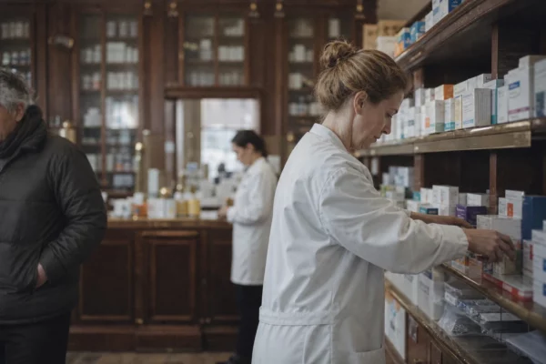 Pharmacie de quartier avec boîtes de médicaments et matériel médical sur des étagères, ambiance grise et humide, en activité.