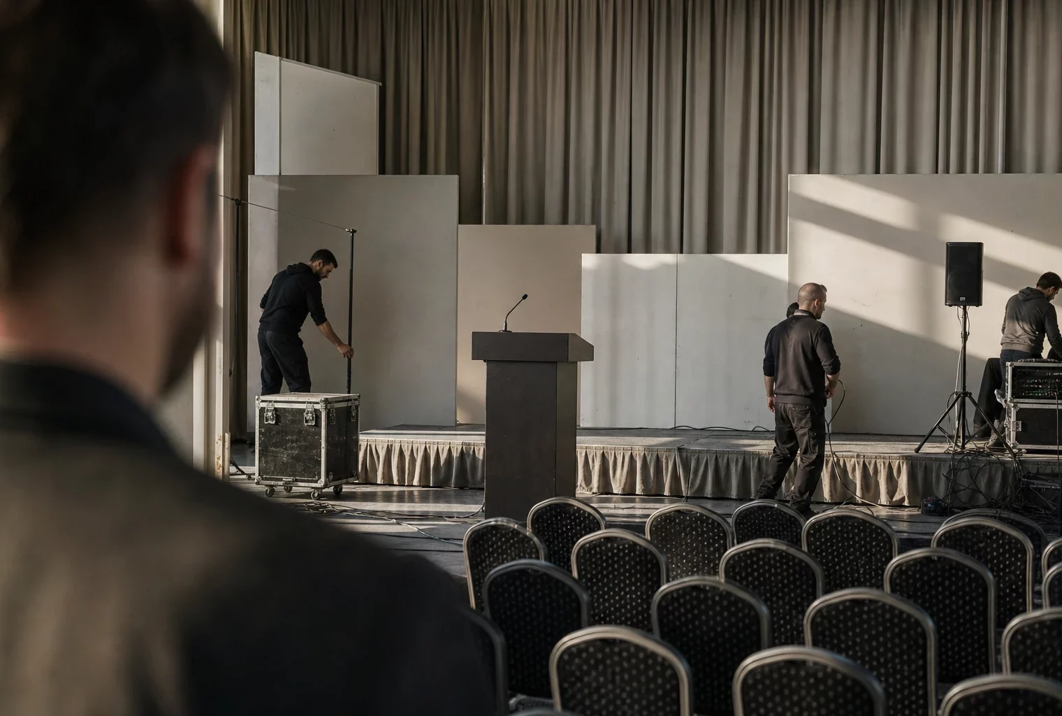 Salle de meeting parisienne vide avec pupitre, chaises alignées et câbles de sonorisation sous une lumière hivernale.