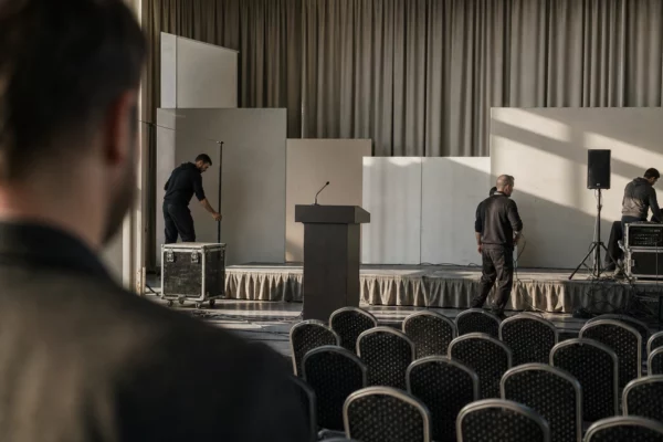 Salle de meeting parisienne vide avec pupitre, chaises alignées et câbles de sonorisation sous une lumière hivernale.
