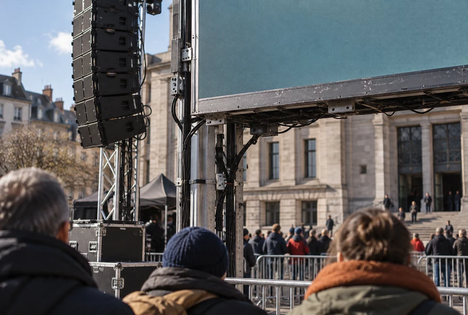 Un écran géant à l’affichage uni domine des participants réunis devant une salle de spectacle, près de barrières et de matériel audio.