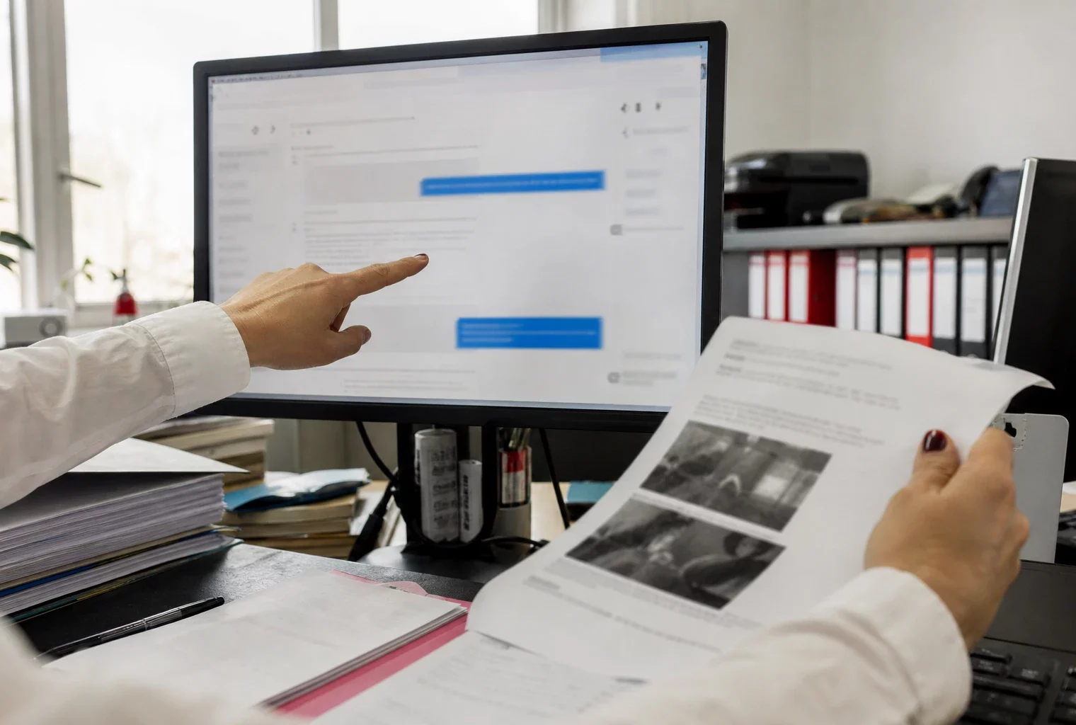 Un écran de messages et des documents de preuve dans un cabinet d’huissier