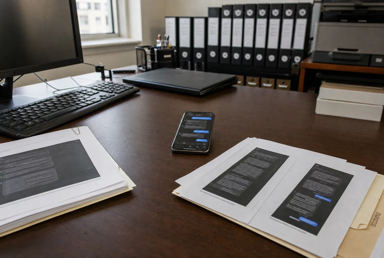 Smartphone posé sur un bureau d’avocat, entouré de feuilles imprimées, avec ordinateur et dossiers flous en arrière-plan.
