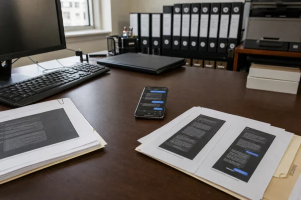 Smartphone posé sur un bureau d’avocat, entouré de feuilles imprimées, avec ordinateur et dossiers flous en arrière-plan.