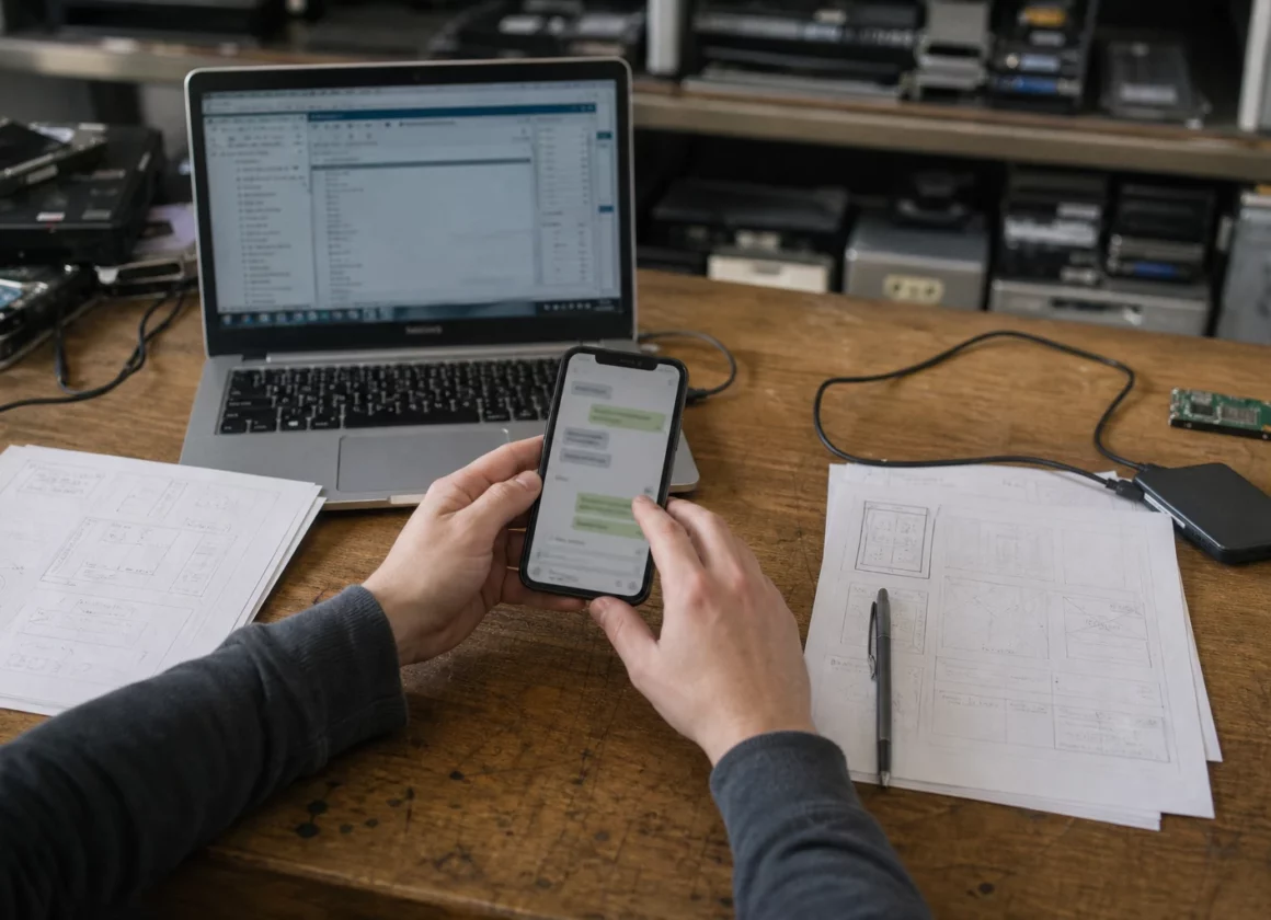 Smartphone ouvert sur une conversation privée sur un bureau d’expertise, avec ordinateur portable et dossiers de vérification.