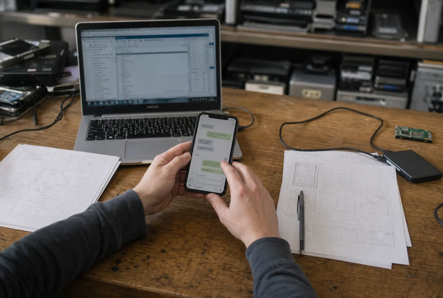 Smartphone ouvert sur une conversation privée sur un bureau d’expertise, avec ordinateur portable et dossiers de vérification.