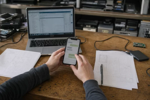 Smartphone ouvert sur une conversation privée sur un bureau d’expertise, avec ordinateur portable et dossiers de vérification.