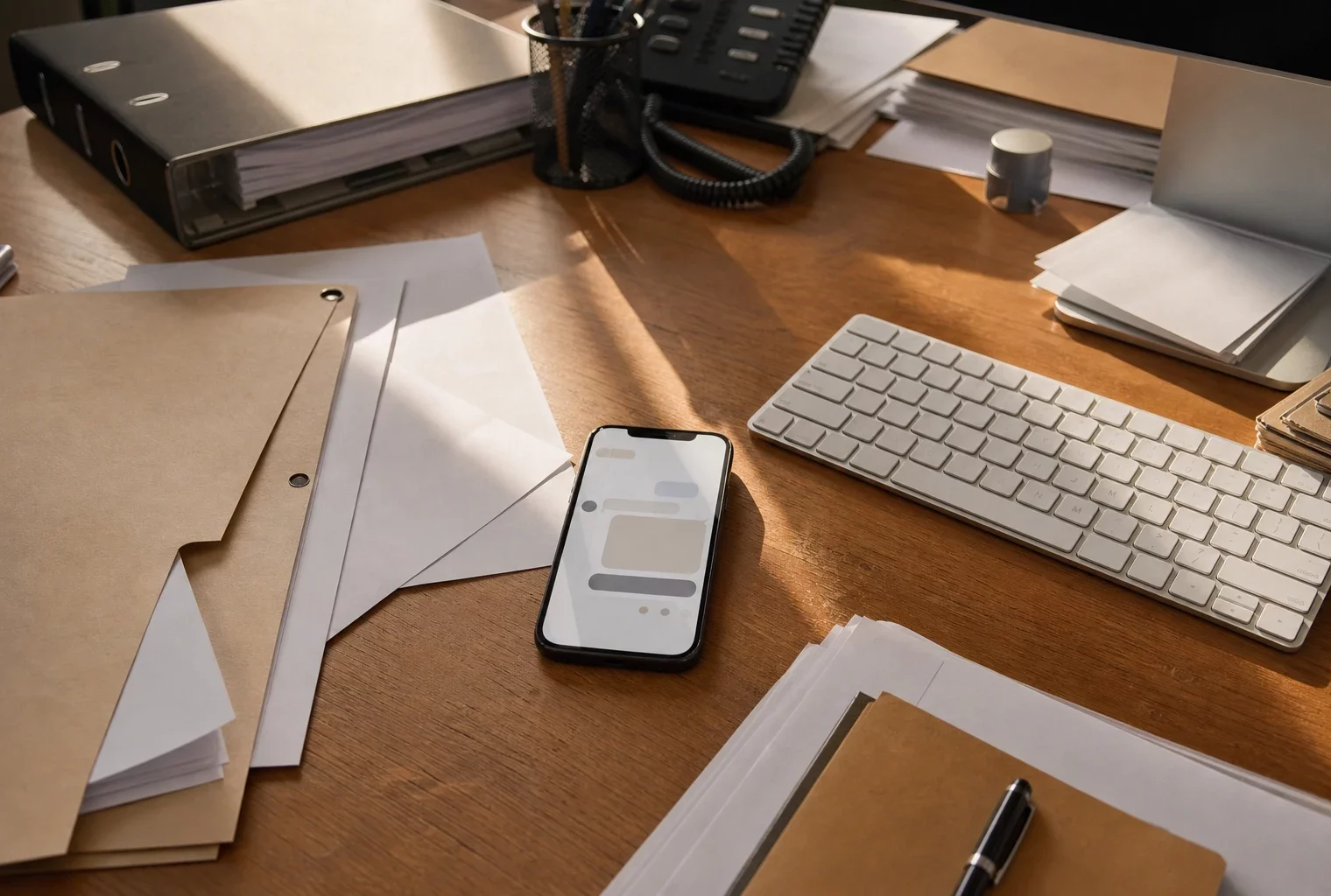 Smartphone posé sur une table de bureau juridique, entouré de dossiers et de papiers, sous une lumière d’hiver rasante.