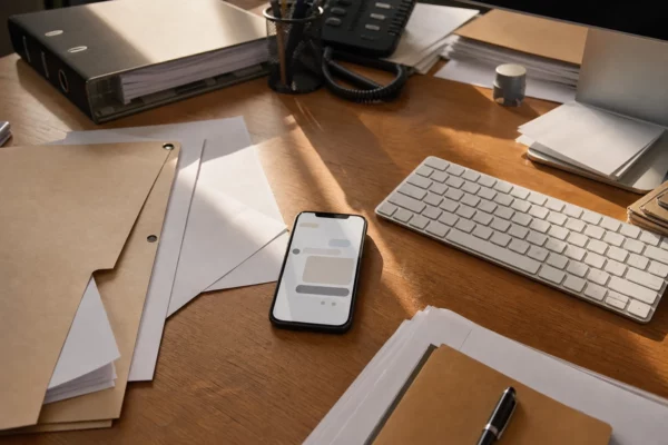 Smartphone posé sur une table de bureau juridique, entouré de dossiers et de papiers, sous une lumière d’hiver rasante.