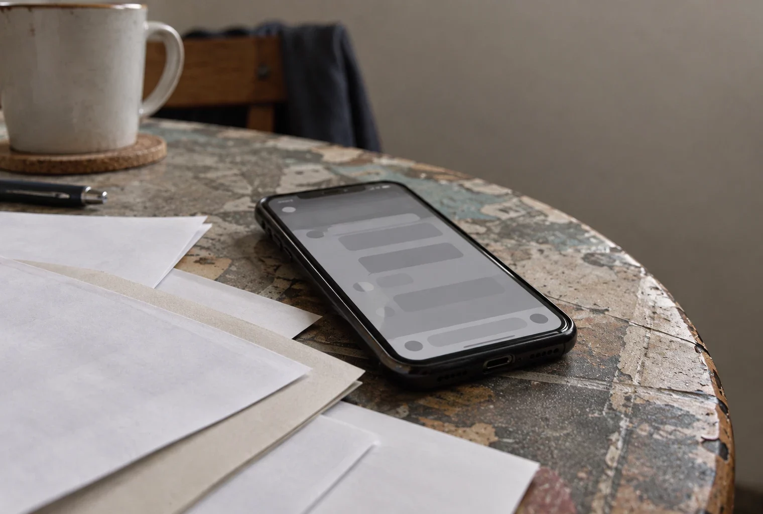 Un smartphone à l’écran abstrait repose près de feuilles imprimées vierges sur une surface de travail sobre et usagée.