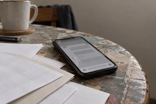 Un smartphone à l’écran abstrait repose près de feuilles imprimées vierges sur une surface de travail sobre et usagée.
