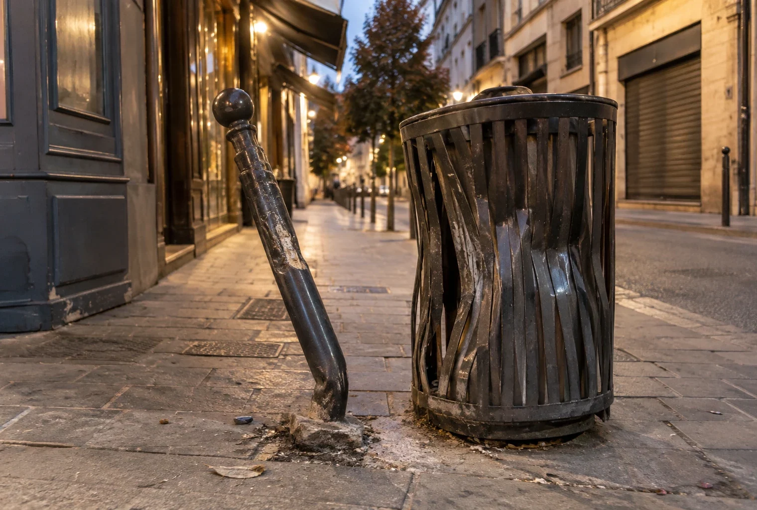 Potelet tordu et corbeille cabossée sur un trottoir, devant des commerces fermés d’une rue ordinaire.