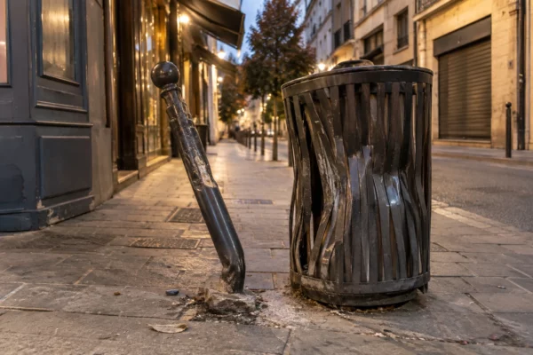 Potelet tordu et corbeille cabossée sur un trottoir, devant des commerces fermés d’une rue ordinaire.