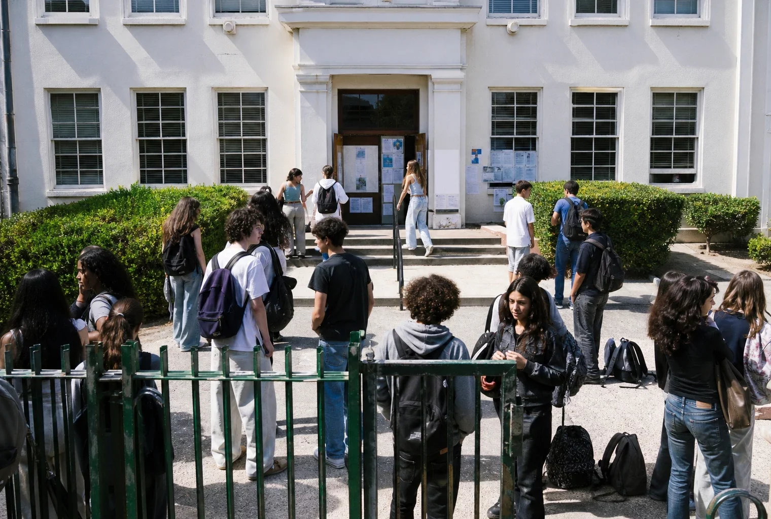 Attroupement d’élèves devant le portail d’un lycée public français, avec sacs à dos et façade en arrière-plan.