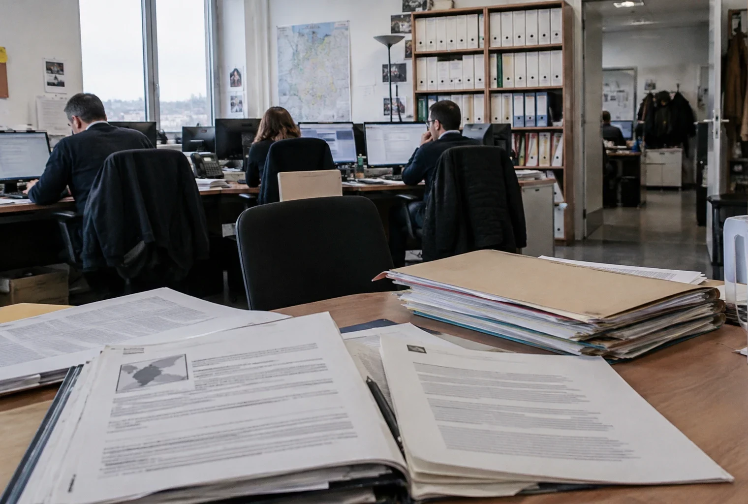 Des notes imprimées aux lignes illisibles sont disposées sur un bureau, avec des dossiers rangés dans des armoires en arrière-plan.