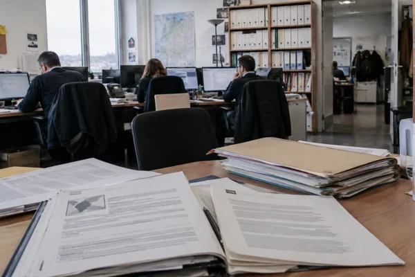 Des notes imprimées aux lignes illisibles sont disposées sur un bureau, avec des dossiers rangés dans des armoires en arrière-plan.