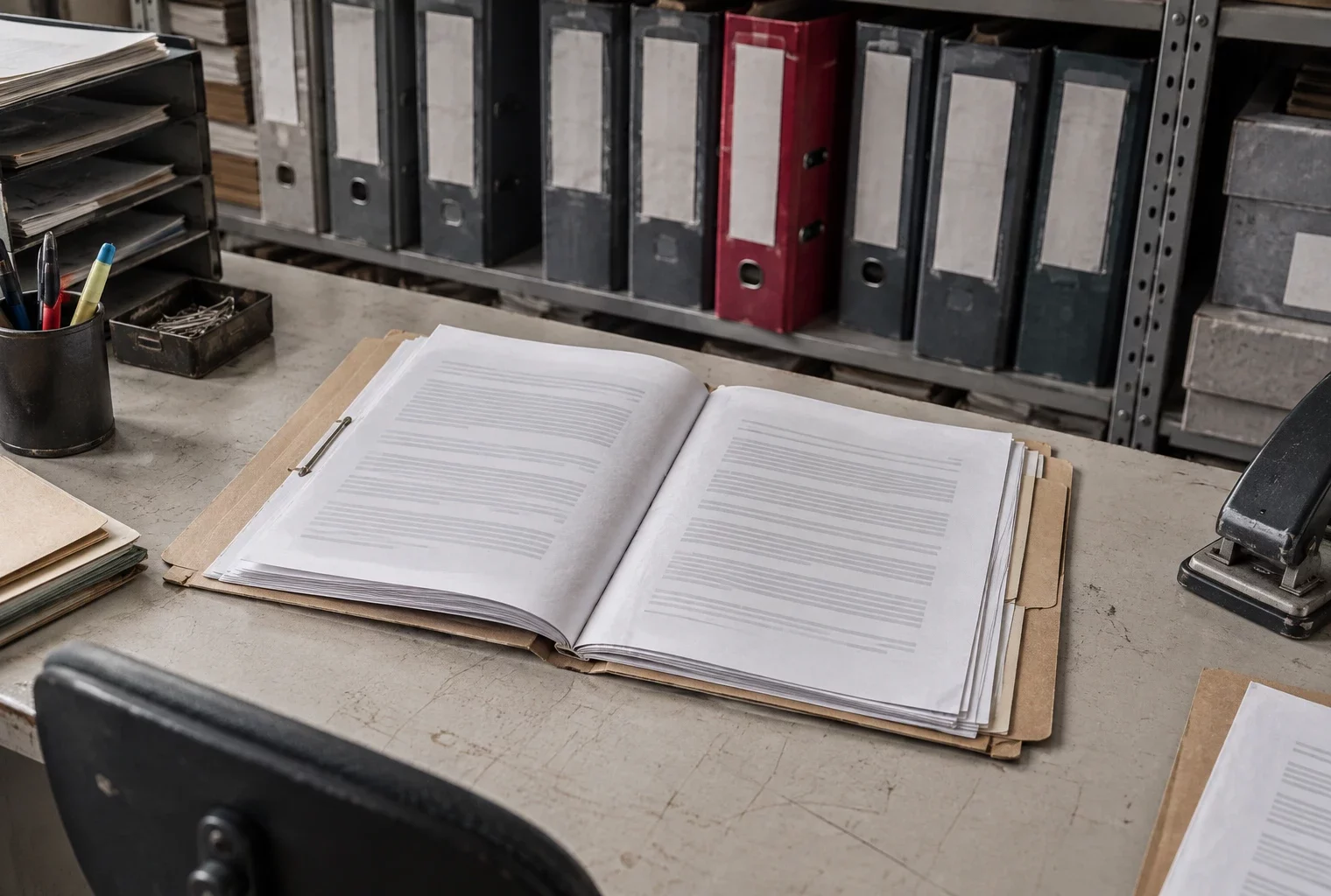 Un dossier papier ouvert aux pages sans texte lisible repose devant des rayonnages de classeurs administratifs usagés.