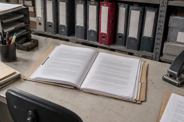 Un dossier papier ouvert aux pages sans texte lisible repose devant des rayonnages de classeurs administratifs usagés.
