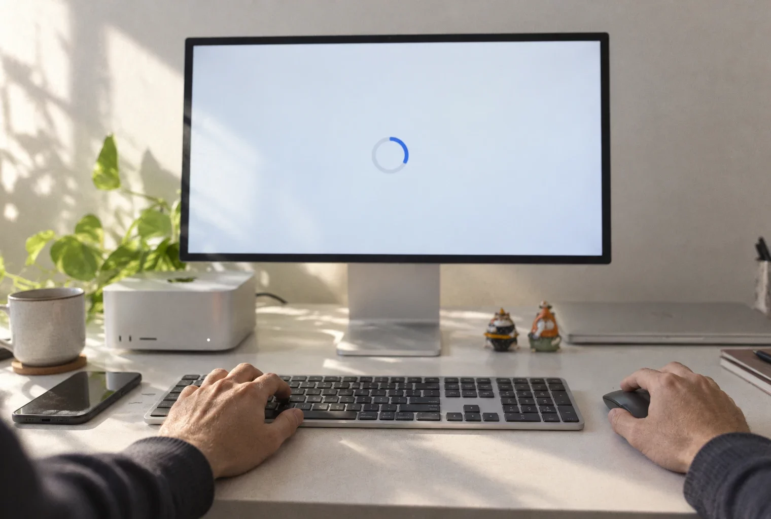 Des mains utilisent un clavier et une souris devant un écran affichant une page de vote en ligne générique en cours de chargement.