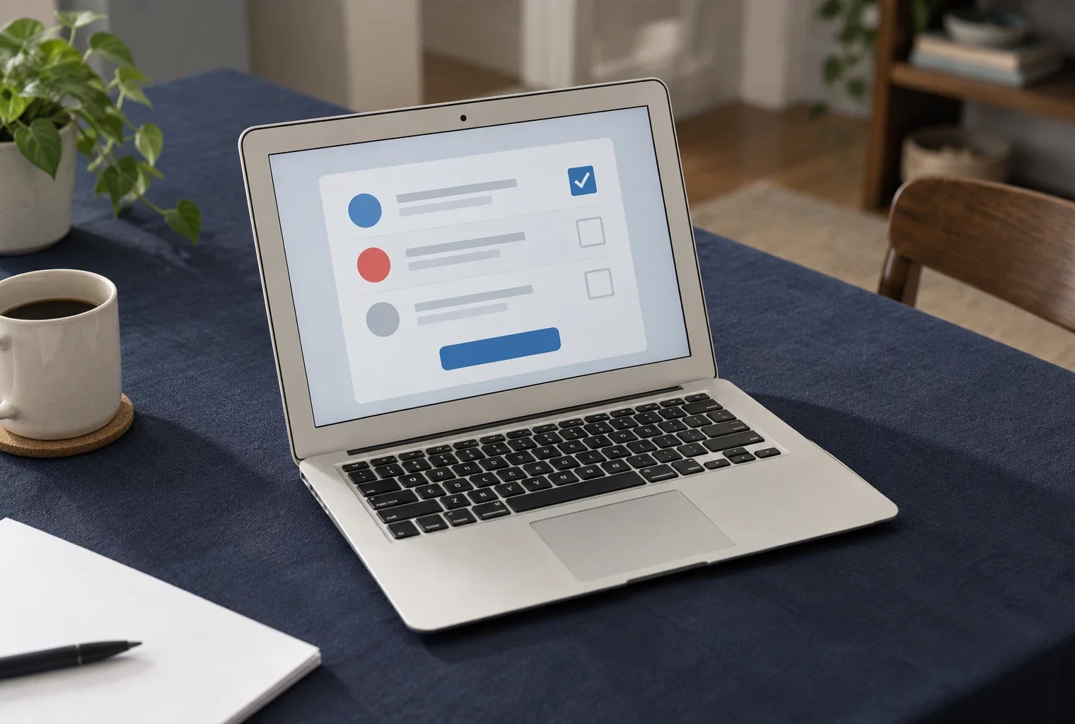 Ordinateur portable ouvert sur une interface de vote abstraite, posé sur un bureau domestique sobre avec une feuille vierge.