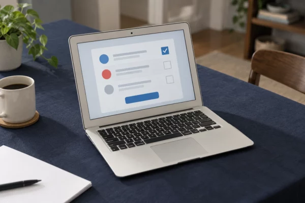 Ordinateur portable ouvert sur une interface de vote abstraite, posé sur un bureau domestique sobre avec une feuille vierge.
