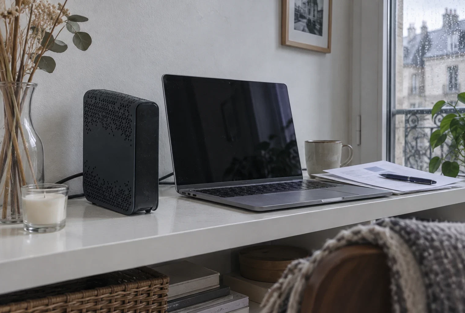 Un ordinateur portable à écran éteint et un routeur sans logo reposent sur une étagère dans un intérieur domestique.