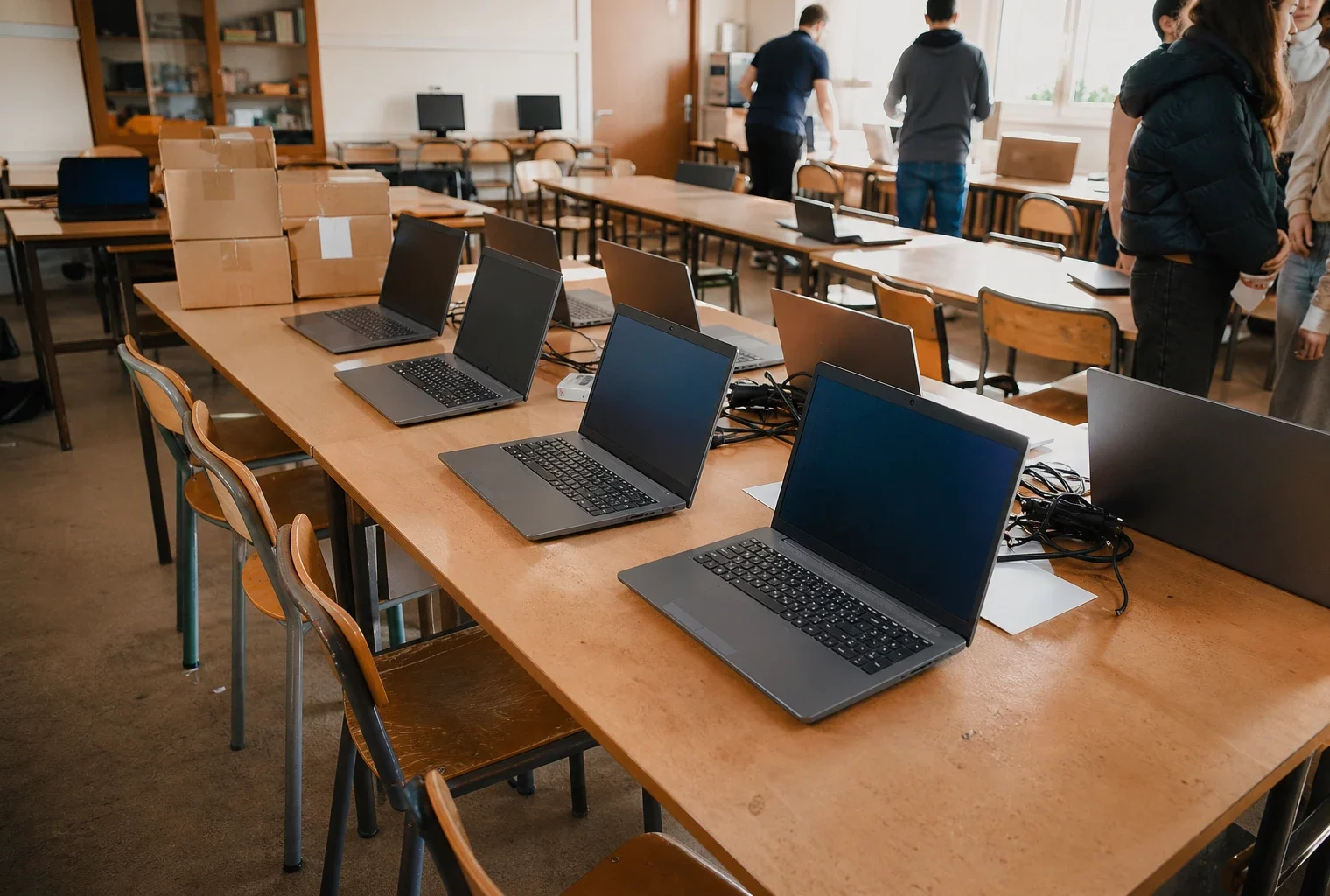 Distribution d’ordinateurs portables dans une salle de lycée, avec cartons et câbles sur des tables usées.