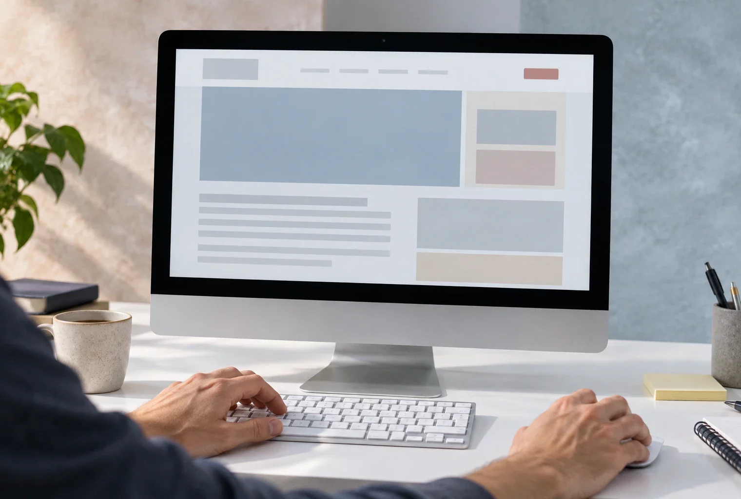 Des mains utilisent le clavier d’un ordinateur affichant une page web abstraite, dans un bureau éclairé par le soleil.