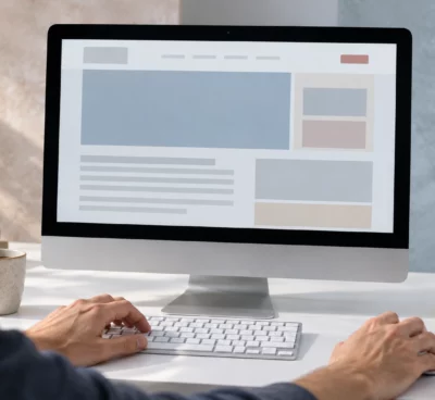 Des mains utilisent le clavier d’un ordinateur affichant une page web abstraite, dans un bureau éclairé par le soleil.