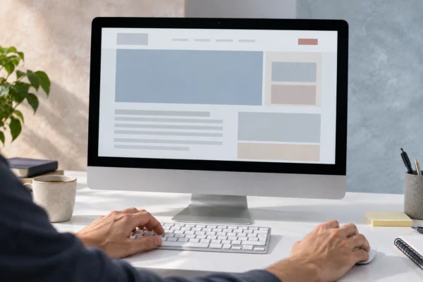 Des mains utilisent le clavier d’un ordinateur affichant une page web abstraite, dans un bureau éclairé par le soleil.
