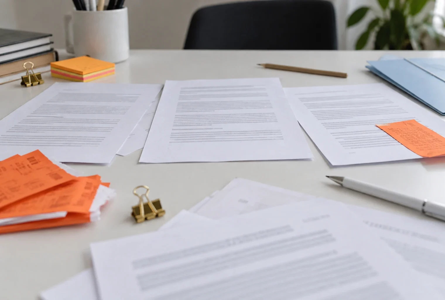 Des feuilles aux contenus abstraits sont disposées côte à côte sur un bureau en usage, parmi des fournitures et des dossiers.