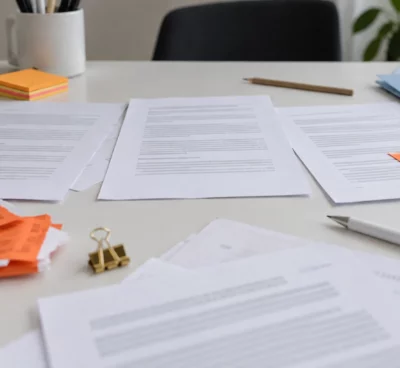 Des feuilles aux contenus abstraits sont disposées côte à côte sur un bureau en usage, parmi des fournitures et des dossiers.