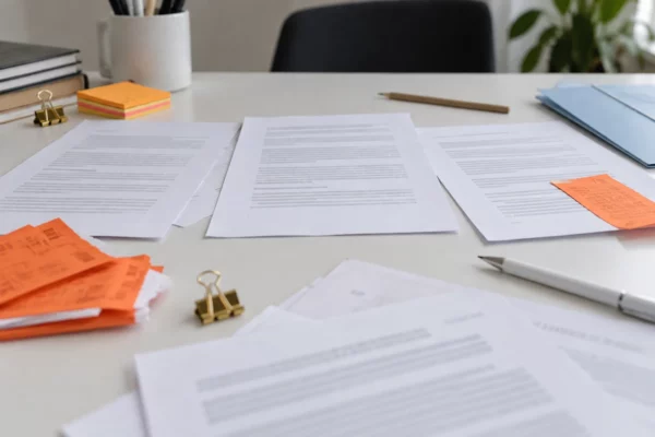 Des feuilles aux contenus abstraits sont disposées côte à côte sur un bureau en usage, parmi des fournitures et des dossiers.