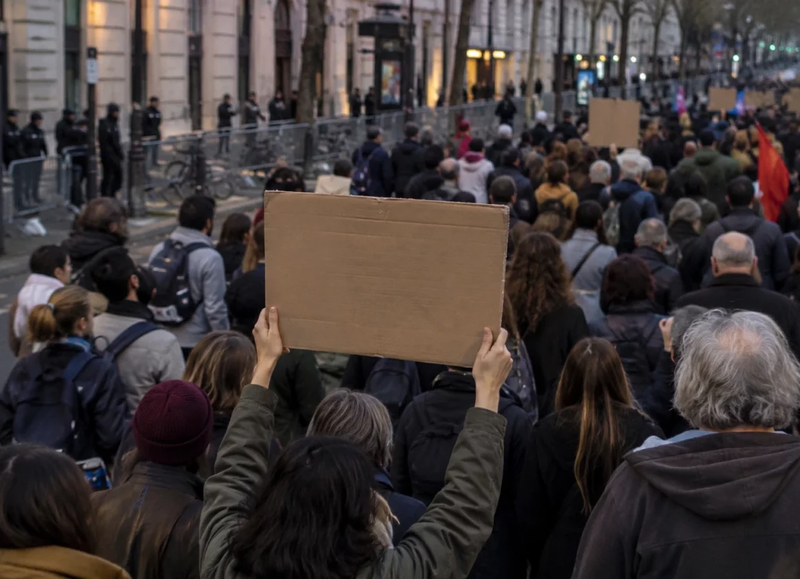 Une pancarte en carton tenue au-dessus d’une foule dans une rue bordée de façades et de barrières de voirie.