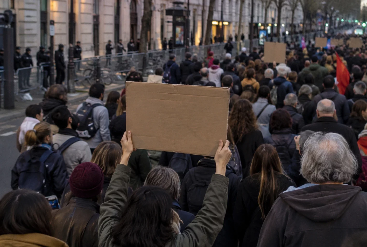 Une pancarte en carton tenue au-dessus d’une foule dans une rue bordée de façades et de barrières de voirie.