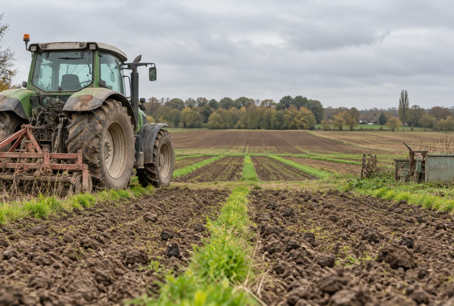 Un tracteur au bord d’une parcelle française, entre des rangs de terre fraîchement travaillée et des champs cultivés.