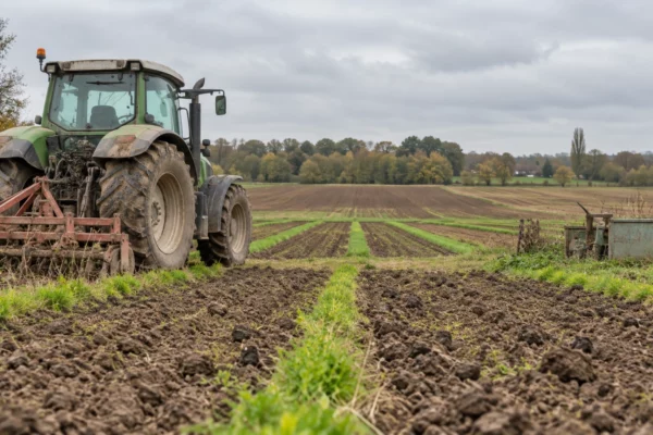 Un tracteur au bord d’une parcelle française, entre des rangs de terre fraîchement travaillée et des champs cultivés.