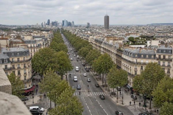 Vue plongeante sur une large avenue parisienne bordée d’arbres et d’immeubles, évoquant le parcours autorisé entre Bastille et Nation.