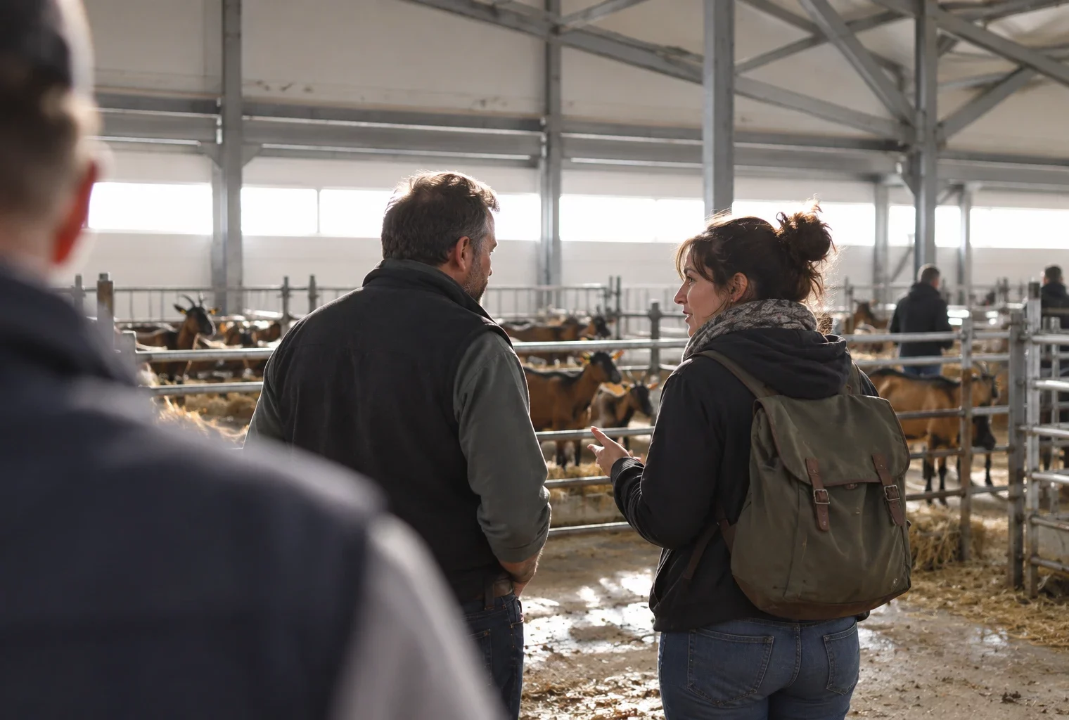 Deux visiteurs échangent près des enclos d’élevage dans un hall agricole, parmi les barrières métalliques et les chèvres.