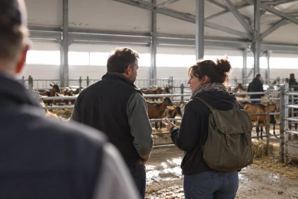 Deux visiteurs échangent près des enclos d’élevage dans un hall agricole, parmi les barrières métalliques et les chèvres.