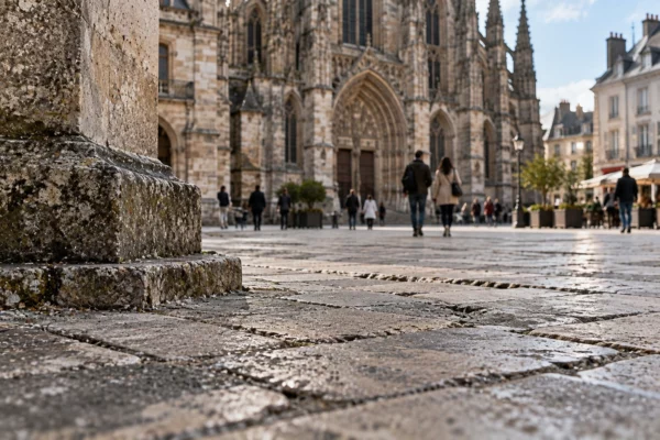Détail des dalles usées du parvis de la cathédrale d’Orléans, avec la façade de pierre en arrière-plan flou.
